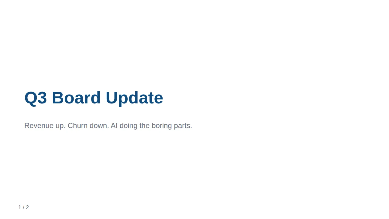 Slide 1 rendered from the Markdown above: a brand-blue heading and one muted line of text, with a 1 / 2 page counter in the corner